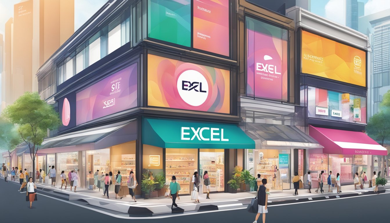 A bustling street in Singapore, with a vibrant storefront displaying the logo of Excel Cosmetics. Shoppers are seen entering and exiting the store, while a large sign above the entrance advertises the latest products