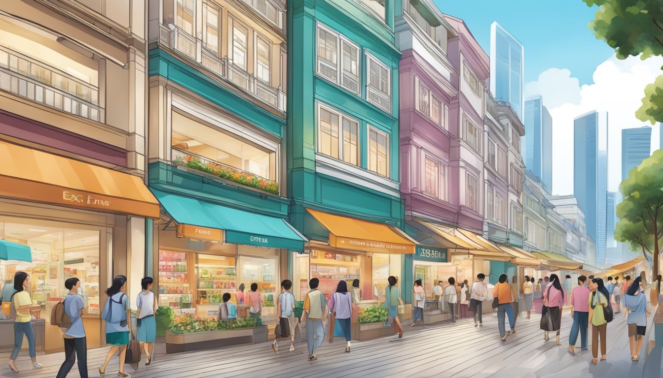 A bustling Singapore street with prominent storefronts of top retailers showcasing Excel Cosmetics