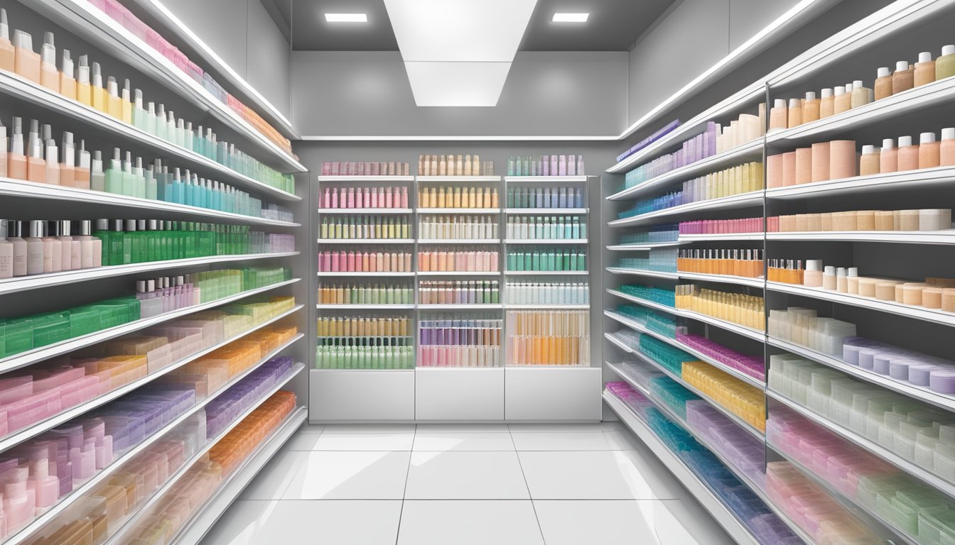 A display of Excel Cosmetics in a well-lit, organized store in Singapore, with a variety of products and clear pricing labels