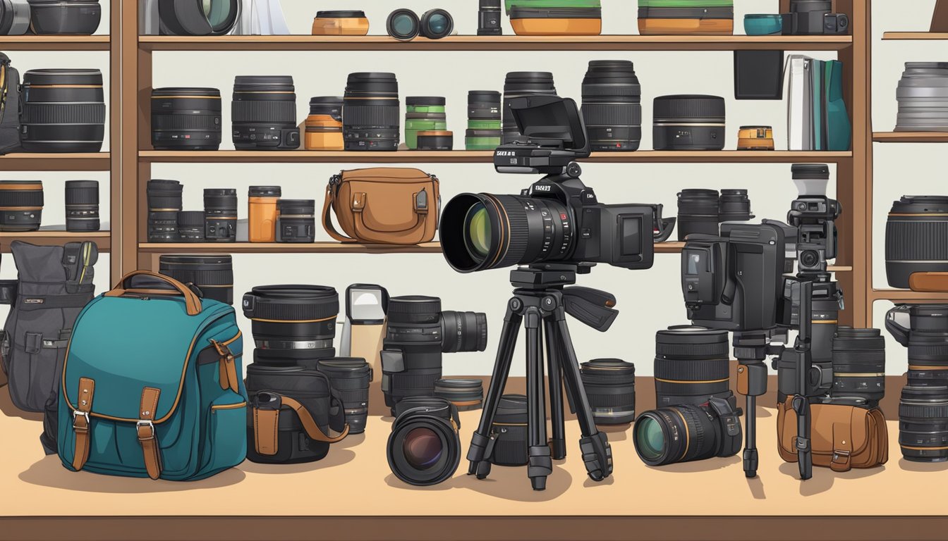 A table with a DSLR camera, lenses, tripod, and camera bag. A photography store in Singapore with shelves of accessories and gear