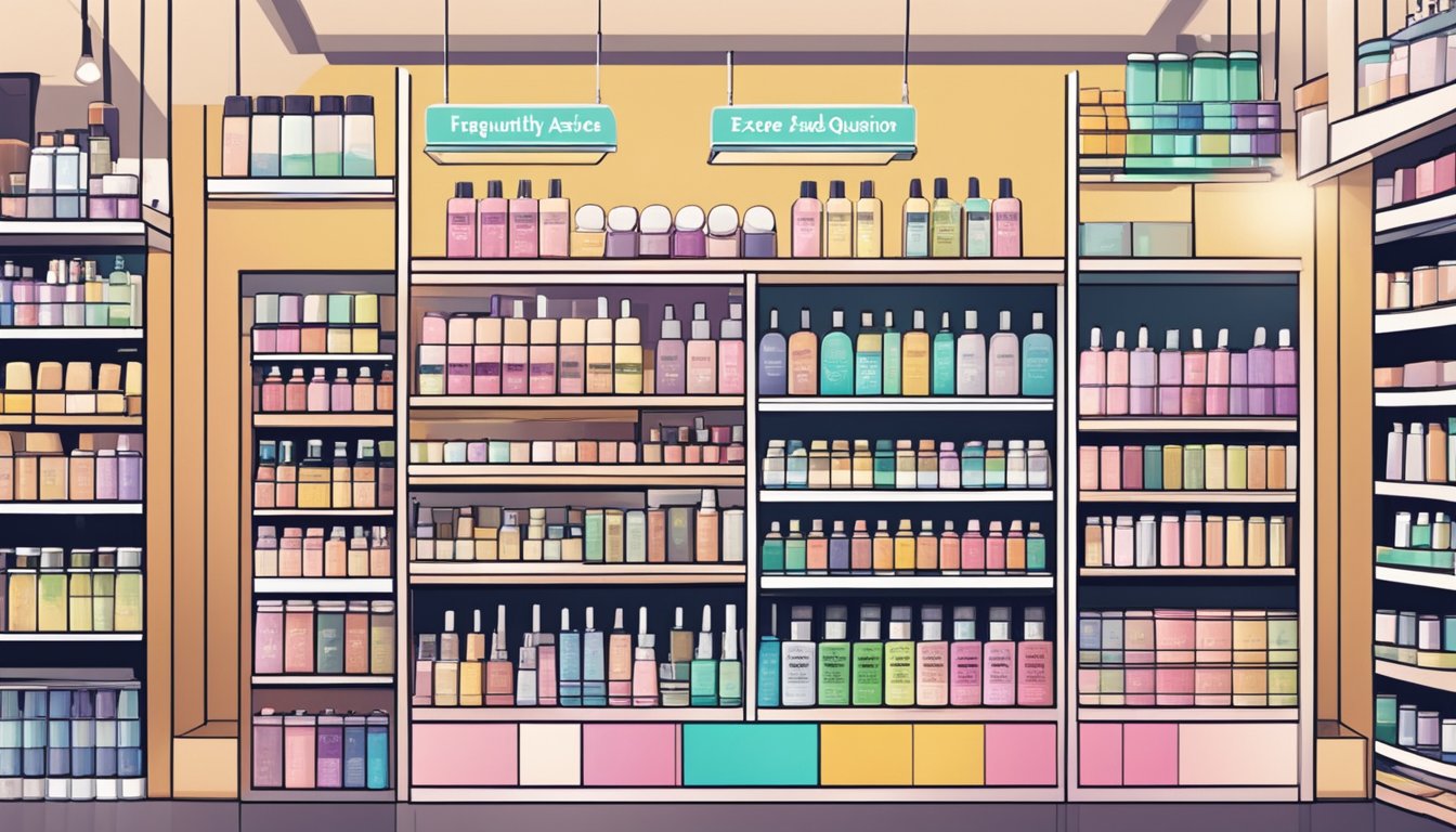 Shelves of Excel cosmetics in a Singapore store, with a sign reading "Frequently Asked Questions: Where to buy Excel cosmetics in Singapore."
