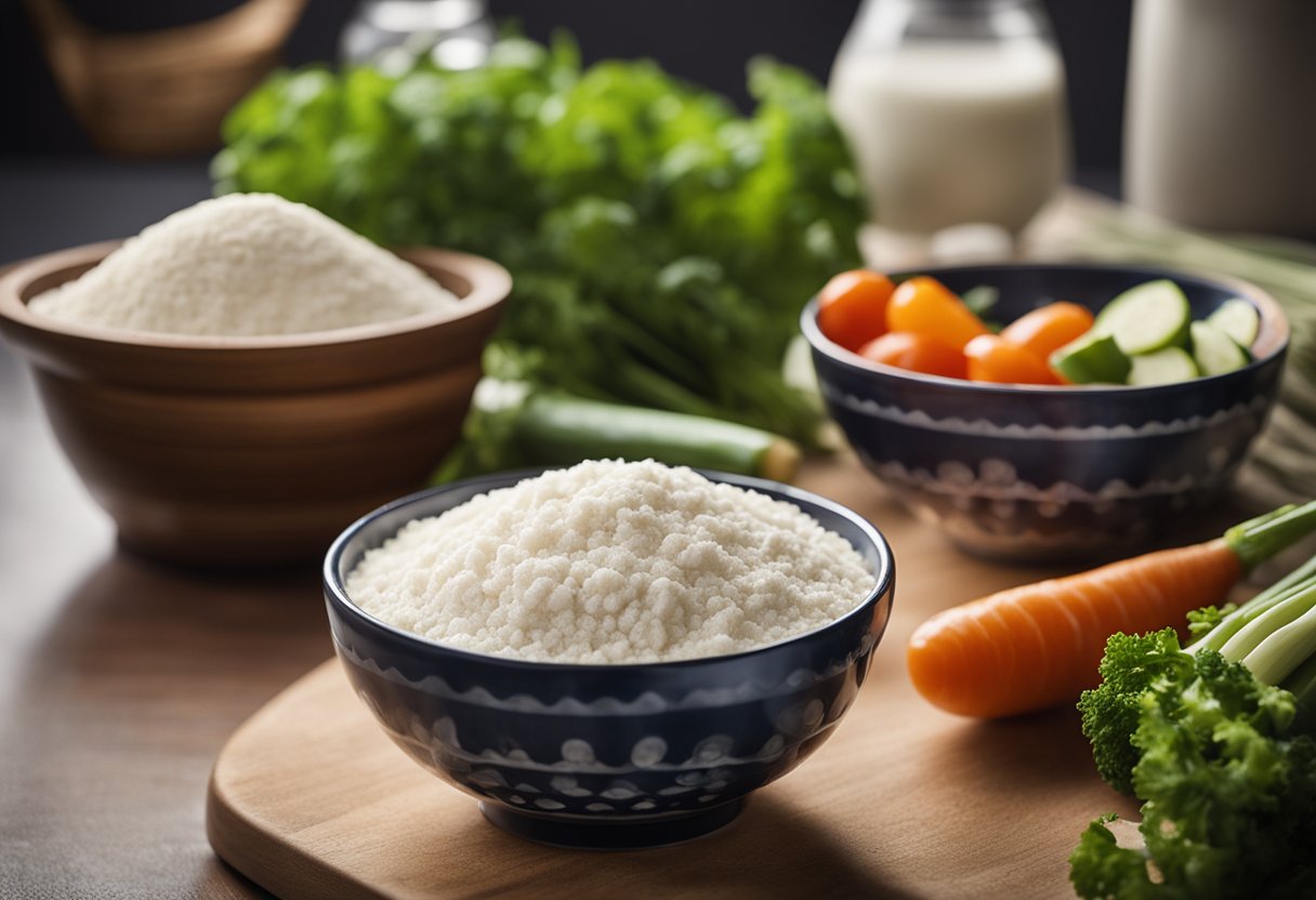 A bowl of tapioca flour sits next to a pile of fresh vegetables and a wok on a kitchen counter, ready to be used in a Chinese recipe