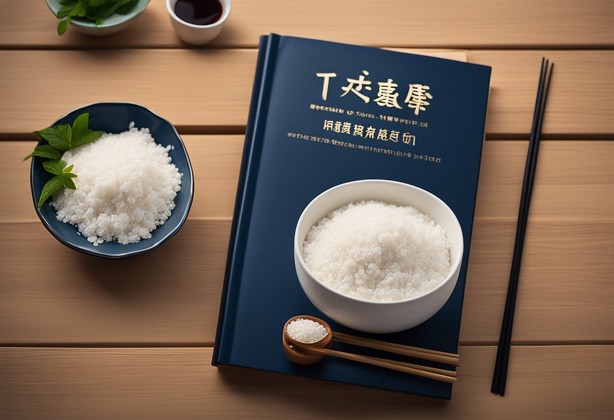 A bowl of tapioca flour sits on a wooden table next to a traditional Chinese recipe book. A pair of chopsticks rests on the table, ready for use