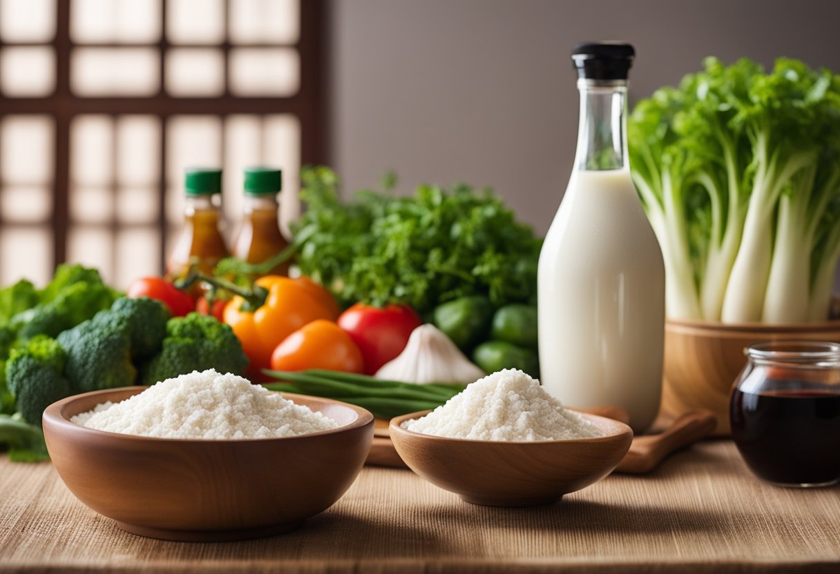 A bowl of tapioca flour sits next to a pile of fresh vegetables and a bottle of soy sauce, ready to be used in Chinese recipes