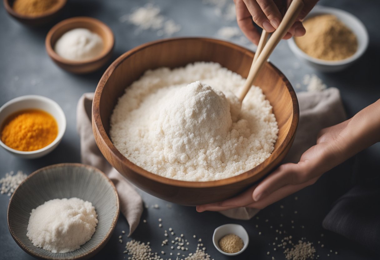 A hand whisking tapioca flour into a bowl of Chinese ingredients, creating a smooth and elastic dough