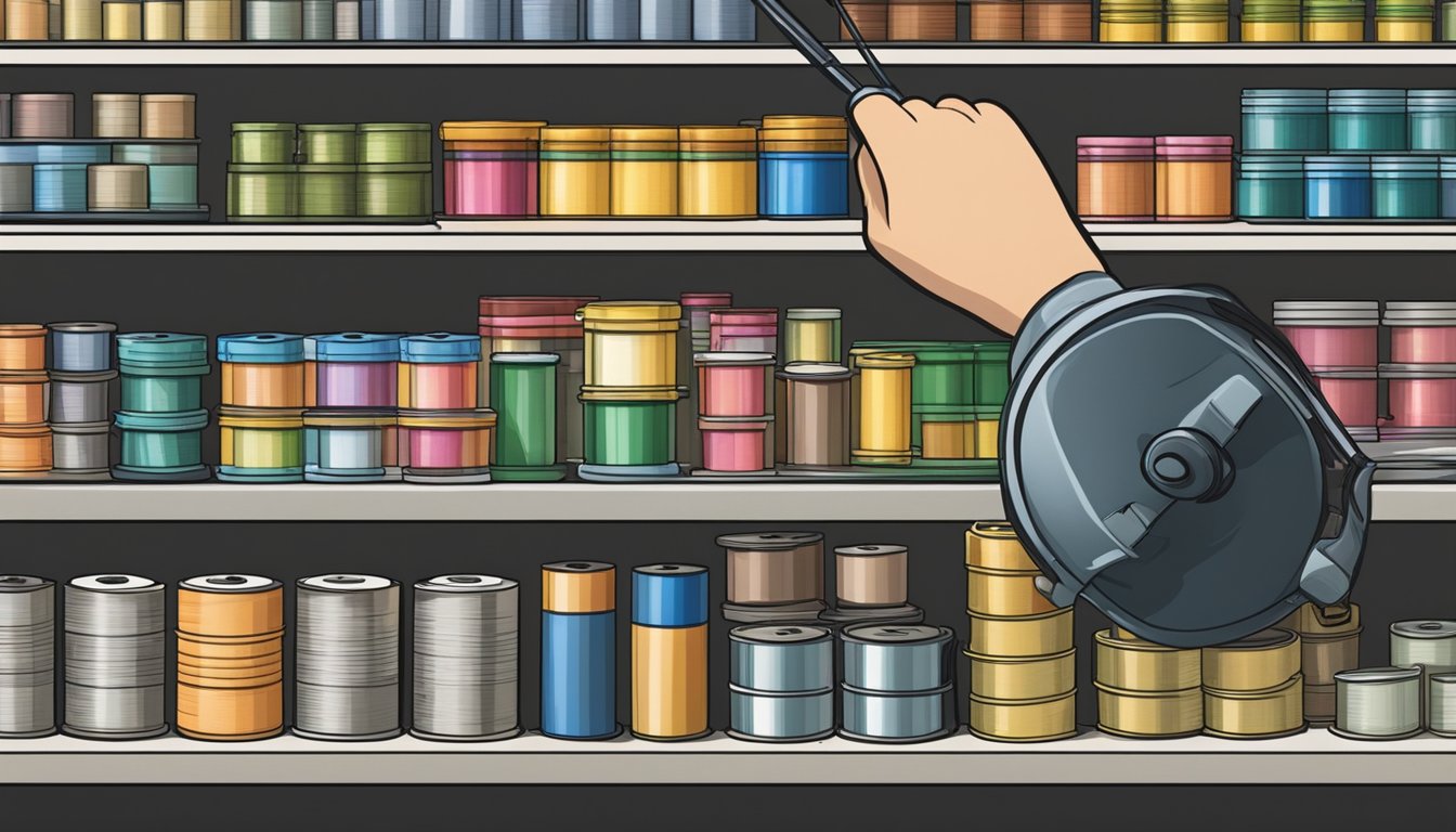 A hand reaches for a spool of fishing line on a store shelf. Various brands and types are displayed in the background