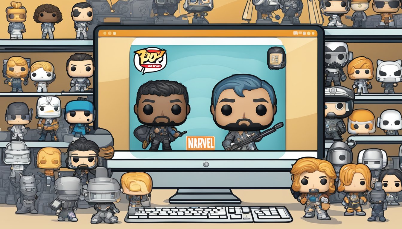 A computer screen displaying a variety of Funko Pop figures with a "Buy Now" button highlighted. A secure checkout process and multiple shipping options are shown