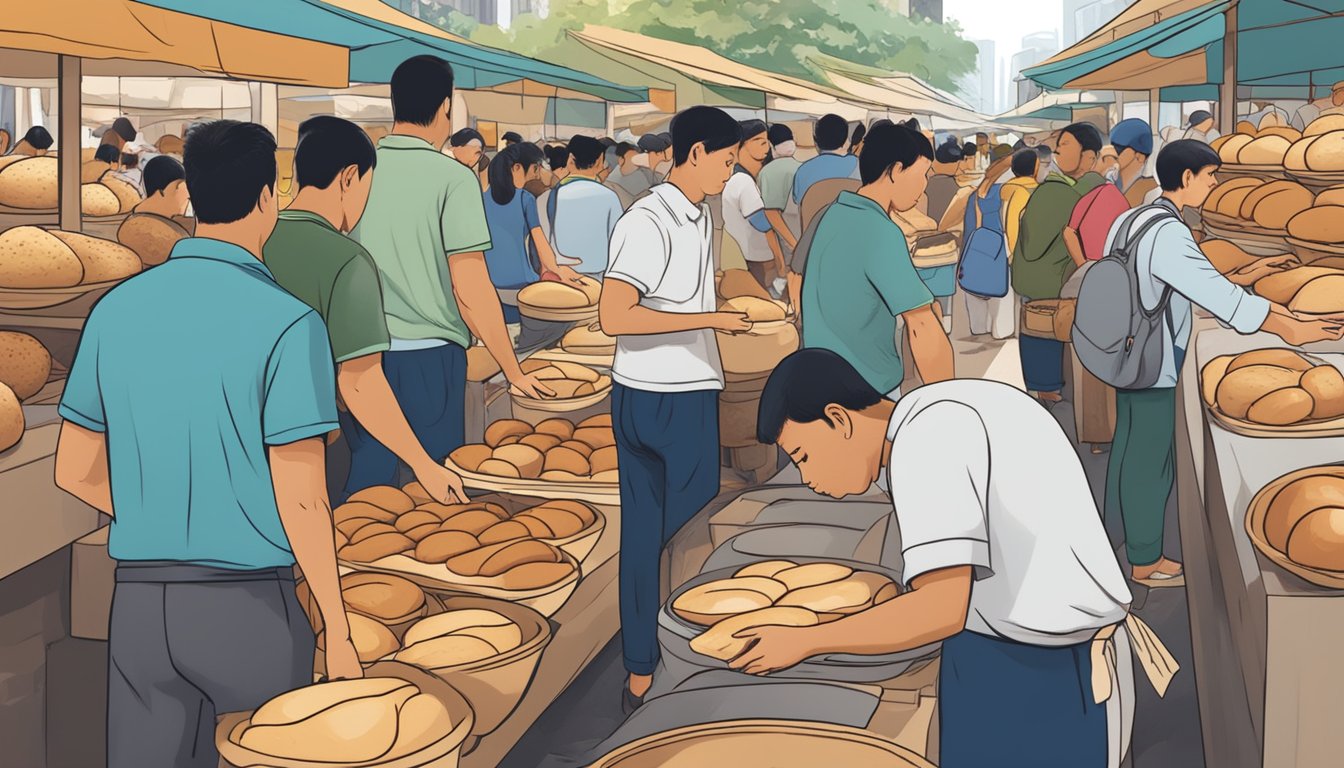 Customers eagerly select from an array of freshly baked bread bowls at a bustling market in Singapore