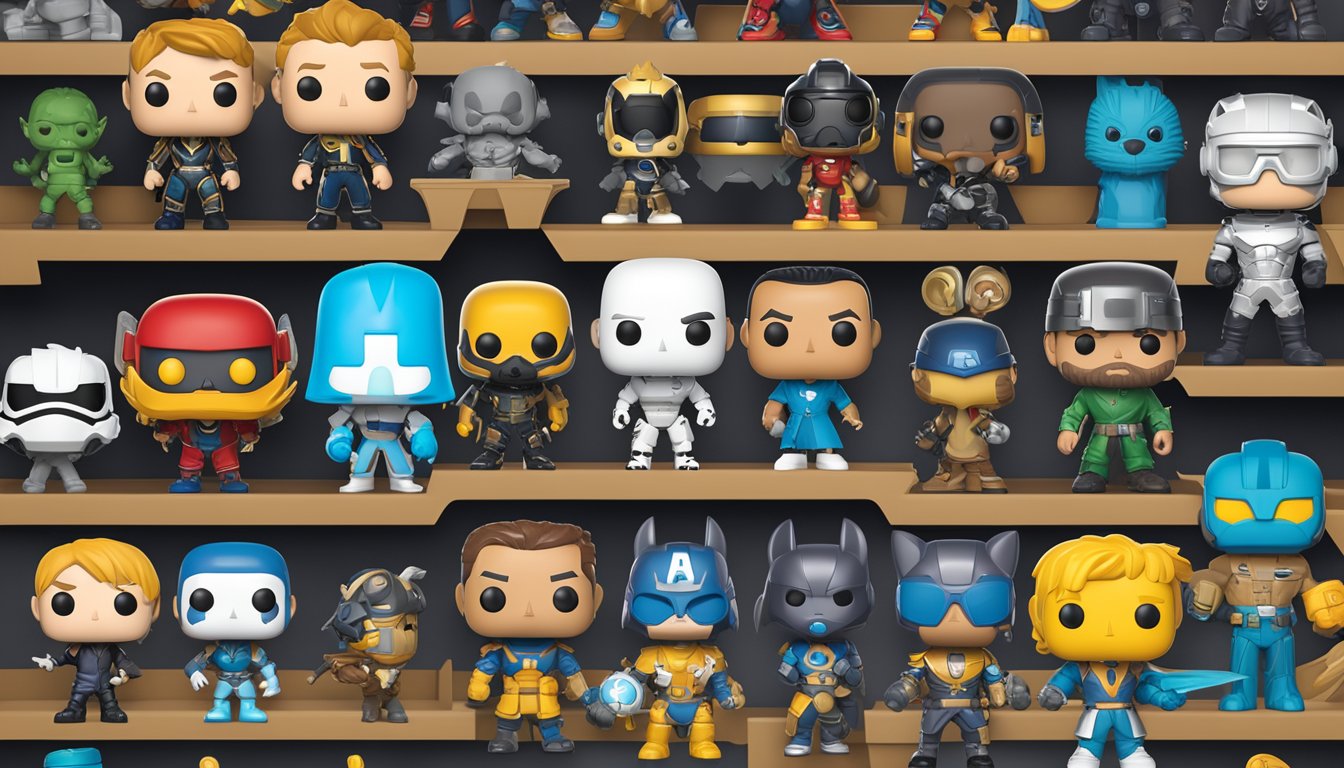 Various Funko Pop figures displayed on shelves, with logos of top online retailers in the background