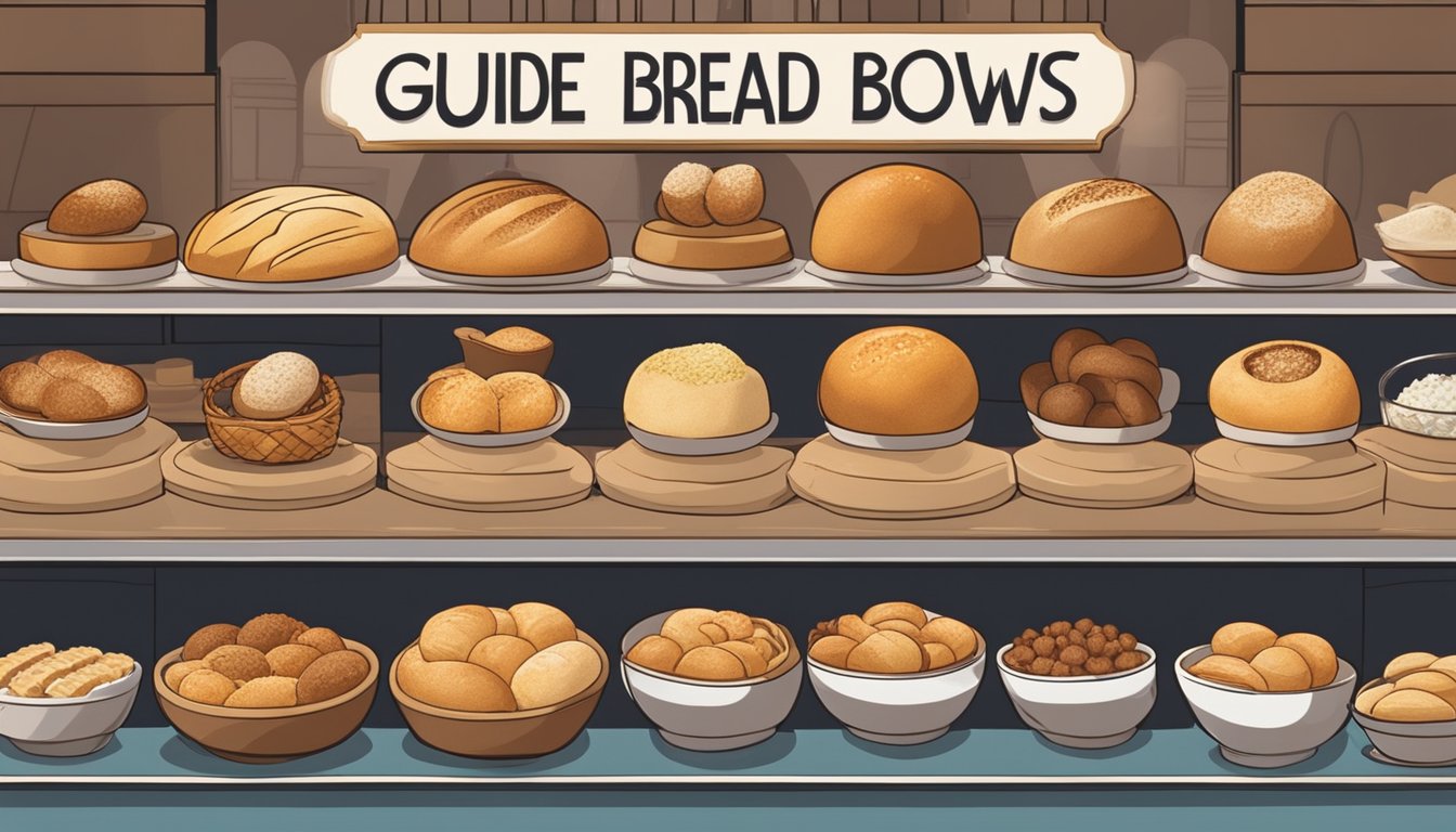 A display of various bread bowls with fillings, next to a sign advertising "Guide to Bread Bowl Pairings" at a bakery in Singapore