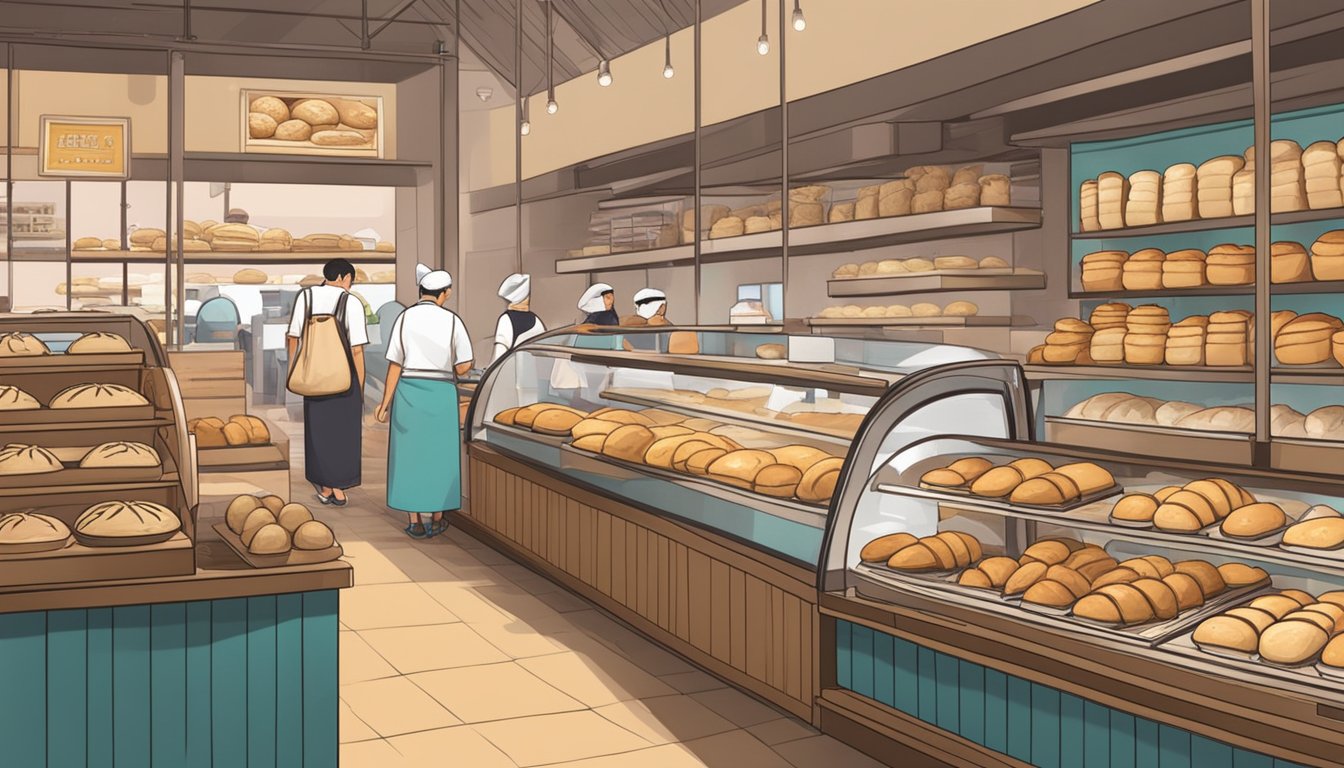 A bustling bakery with shelves of bread bowls in Singapore. Customers browsing and purchasing from the selection