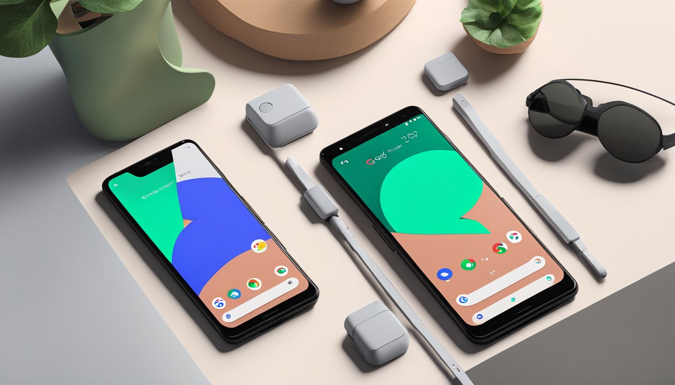 A Google Pixel 3 sits on a sleek, modern table, surrounded by various electronic gadgets and accessories. The phone's screen displays its impressive features and specifications