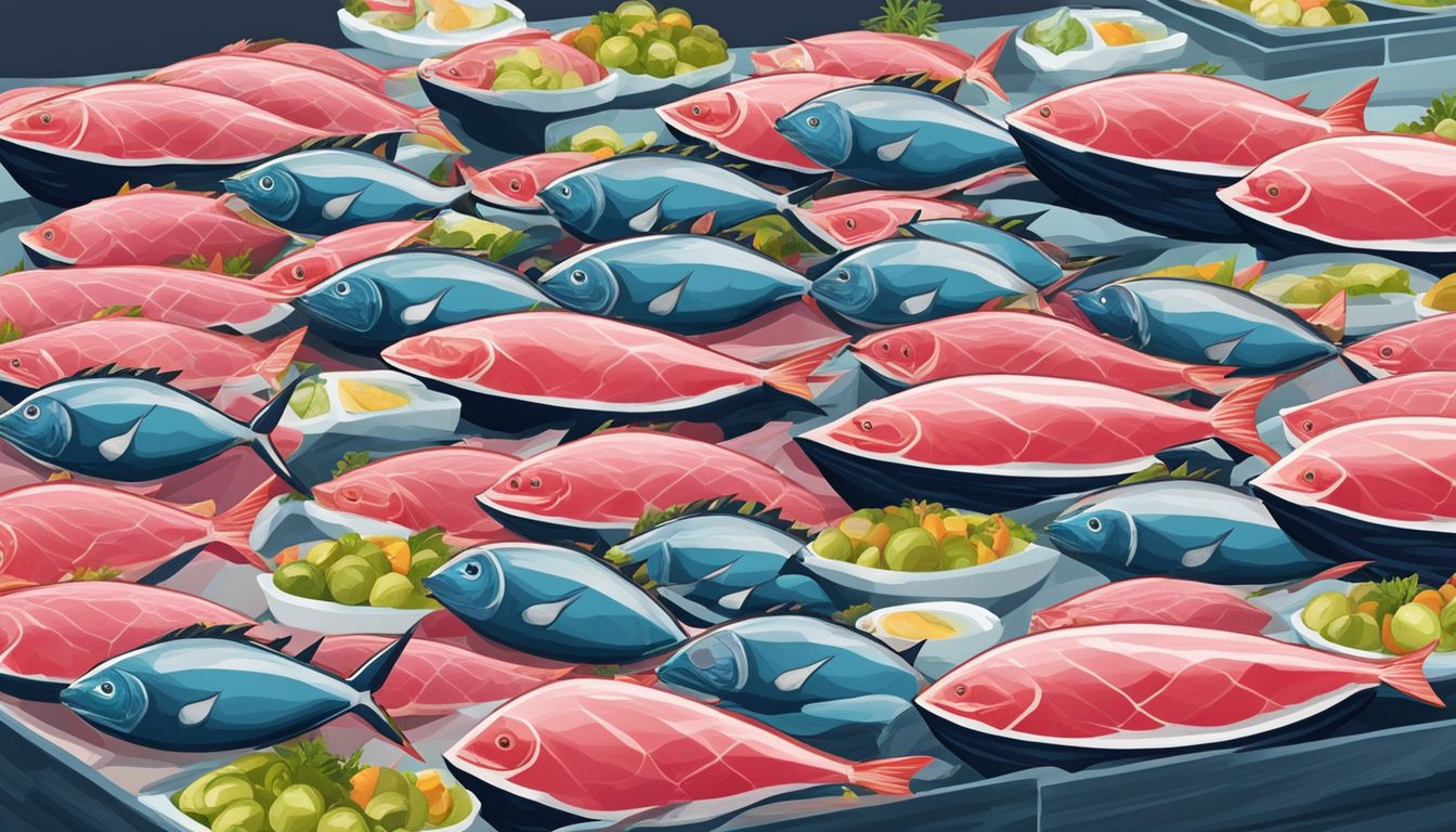 A display of various fresh tuna varieties on ice at a local market in Singapore, showcasing the finest selection for customers to savor