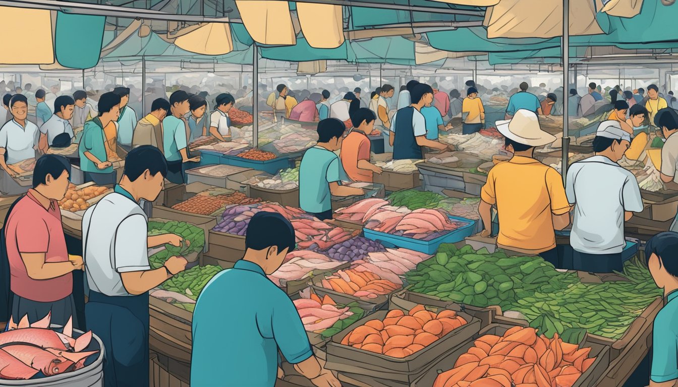 A bustling fish market in Singapore, with colorful stalls and vendors selling fresh tuna. Customers eagerly ask about the quality and prices