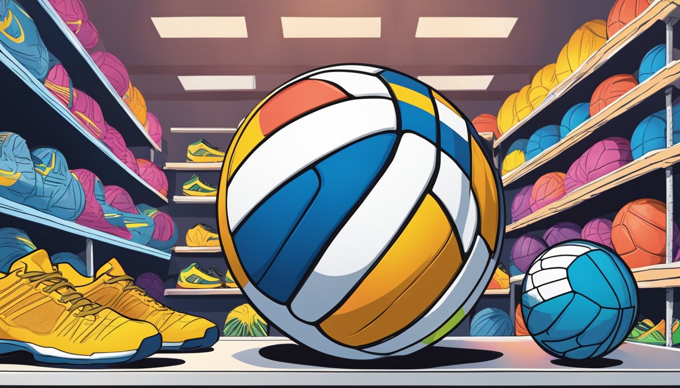 A hand reaches for a Molten volleyball on a store shelf in Singapore. The bright colors of the ball stand out against the backdrop of other sports equipment