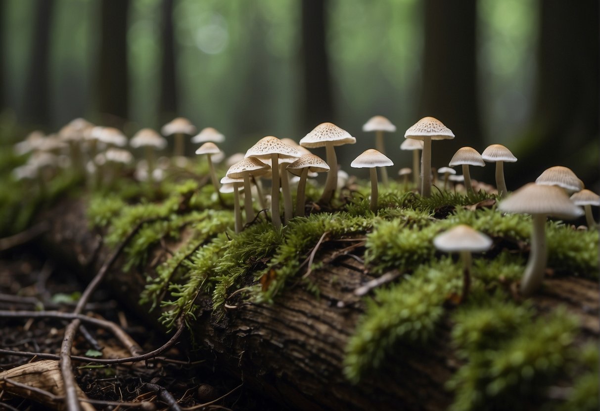 Lush forest floor with clusters of grey oyster mushrooms sprouting from decaying logs and damp soil