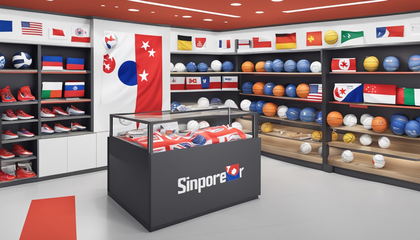 A sports store display showcasing molten volleyball with price tags and Singaporean flag