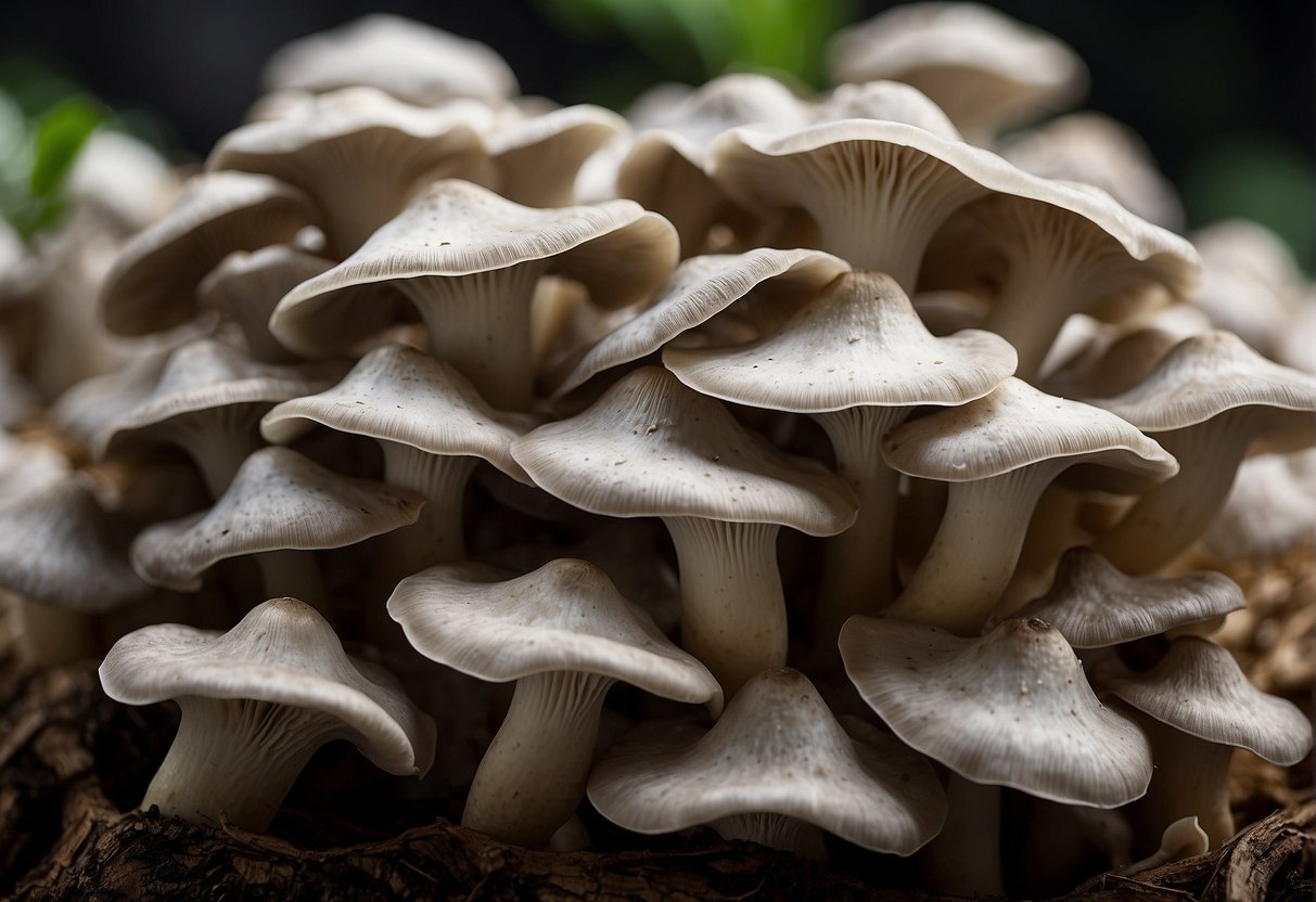 A cluster of grey oyster mushrooms with nutrient content and benefits displayed