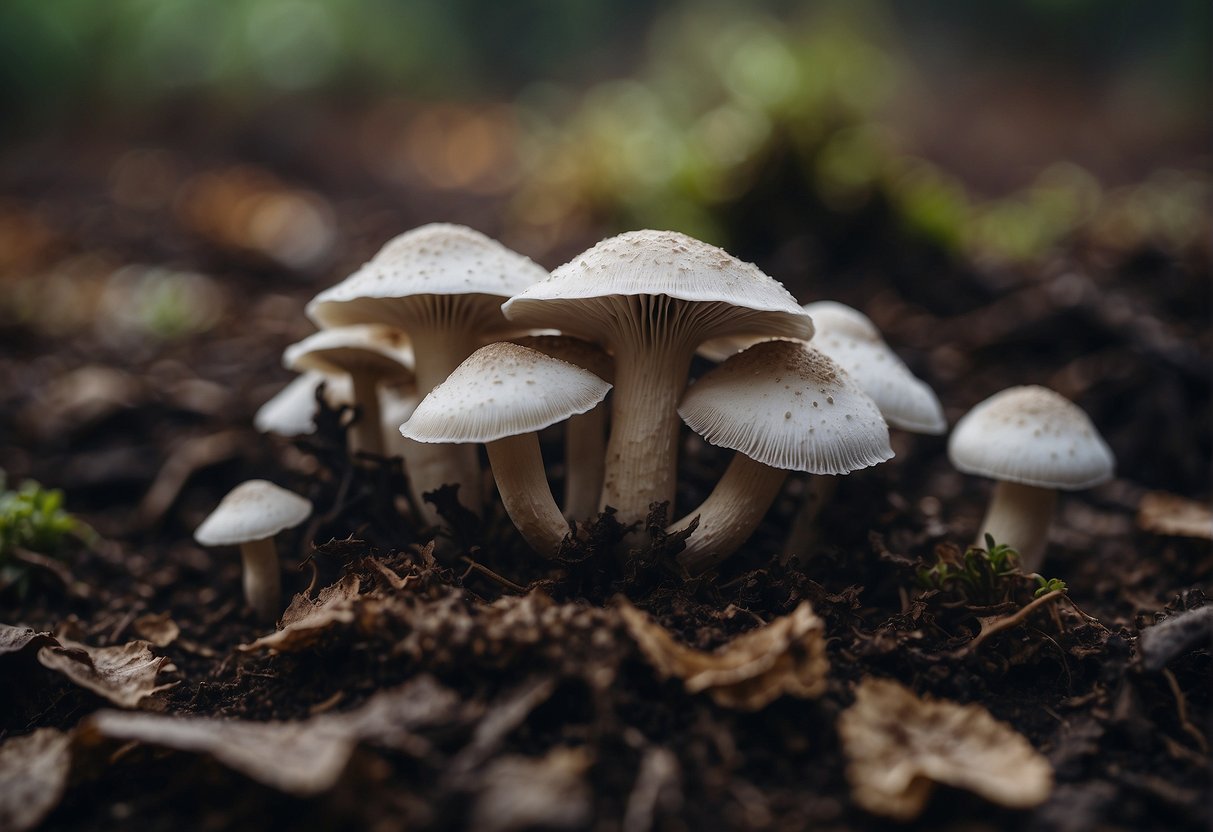 A cluster of grey oyster mushrooms grows on damp soil, showcasing their health benefits and nutritional value