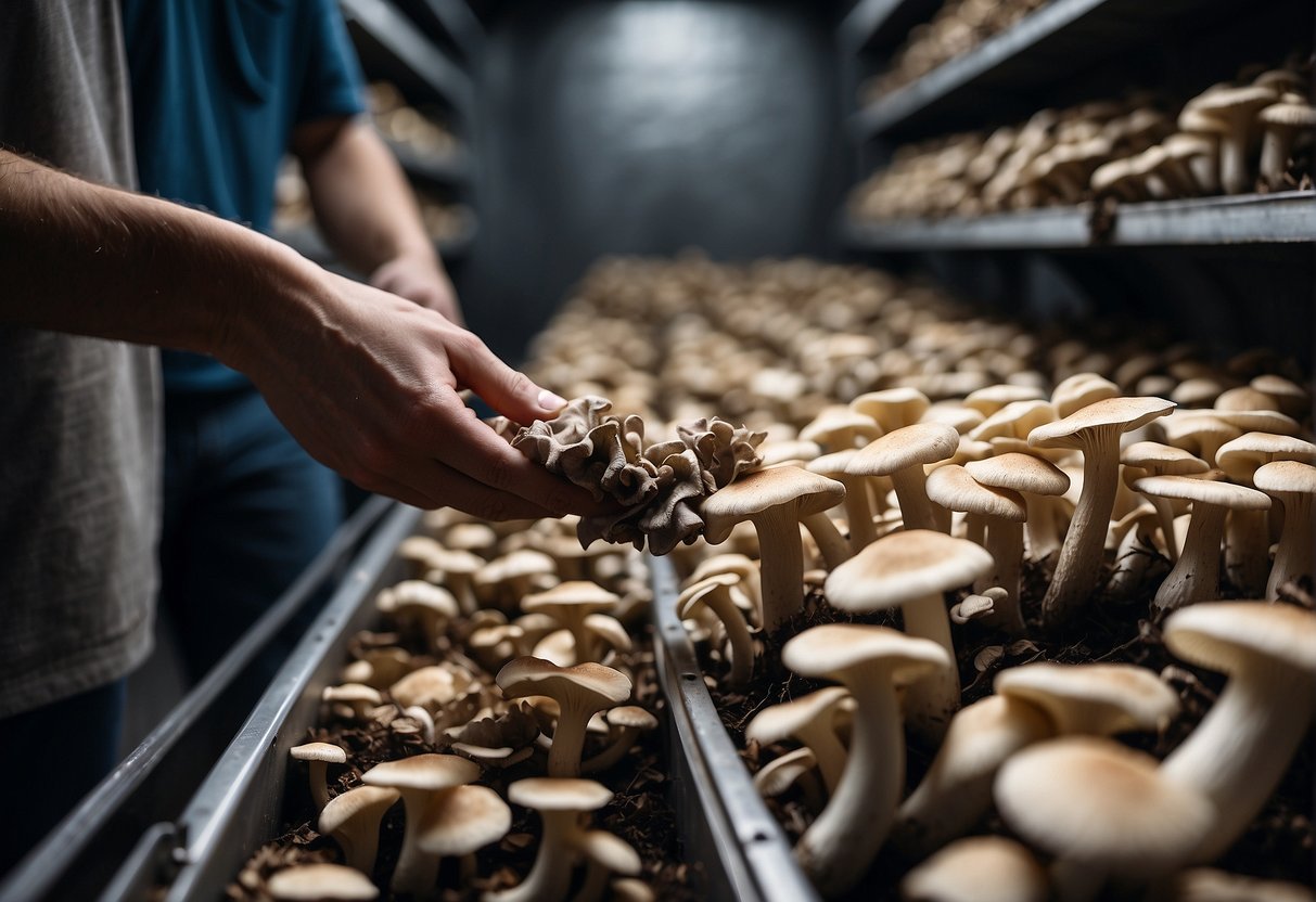 A hand reaching for a cluster of grey oyster mushrooms in a well-ventilated and cool storage area