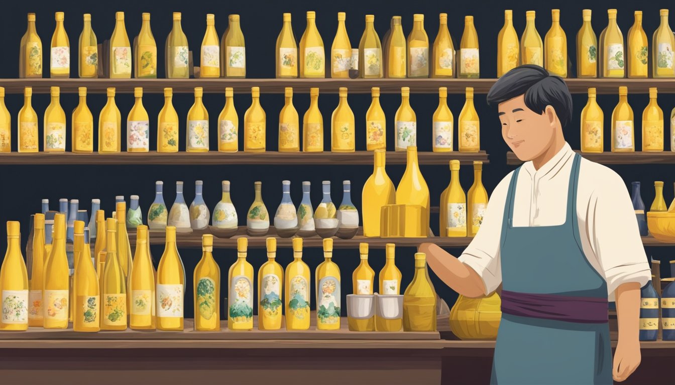 A bustling Singapore market stall sells Hakka yellow wine in traditional ceramic bottles. The vendor arranges the bottles neatly on a wooden display