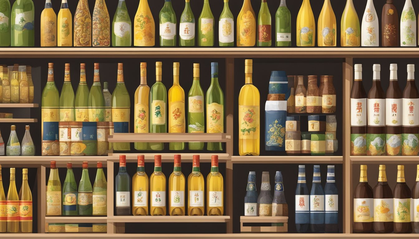A bottle of Hakka Yellow Wine sits on a shelf in a Singaporean specialty store, surrounded by other traditional Chinese beverages