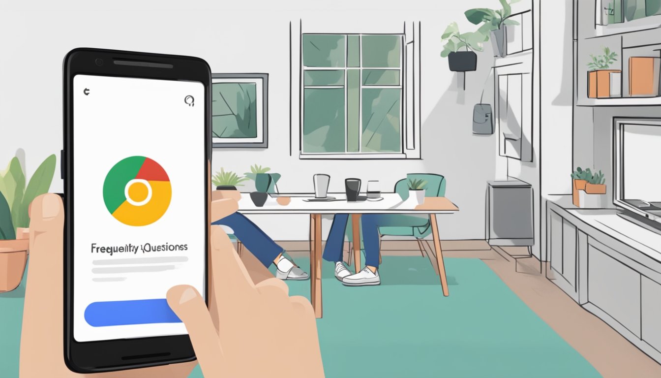 A person browsing on a smartphone, with a Google Home device and the words "Frequently Asked Questions google home singapore buy" displayed on the screen