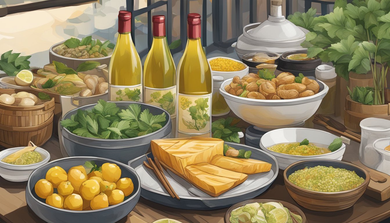A table set with Hakka Yellow Wine, surrounded by fresh ingredients and cooking utensils, in a bustling marketplace in Singapore