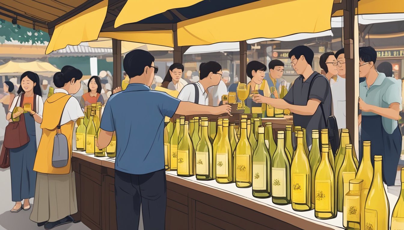 A bustling Singapore market stall displays bottles of Hakka yellow wine, with customers asking the vendor for information