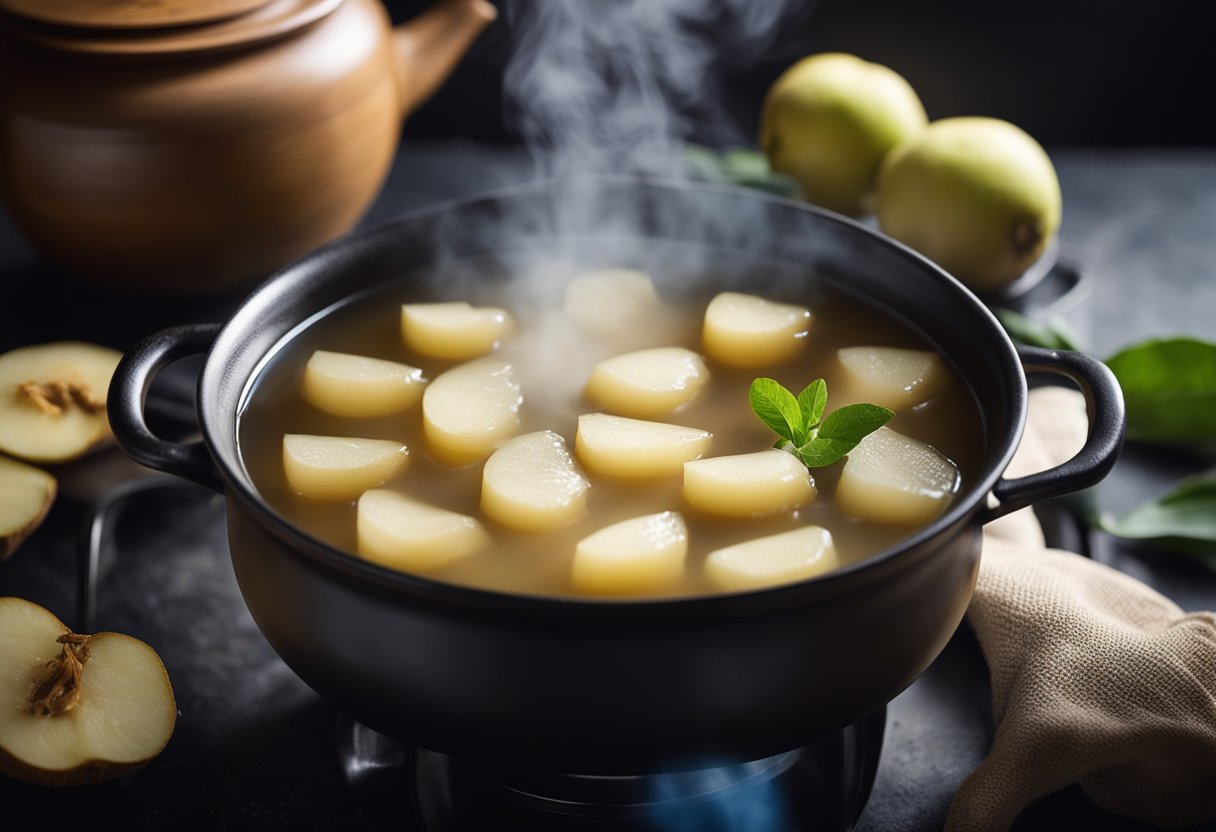 A steaming pot of Chinese pear soup simmers on a stove, surrounded by fresh ginger, honey, and rock sugar. Steam rises from the pot, filling the air with a sweet and fragrant aroma