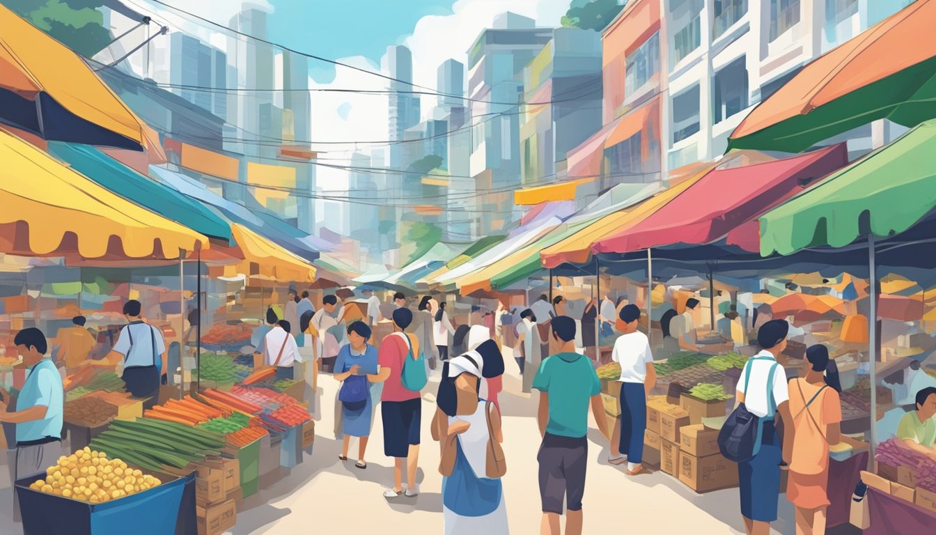 A bustling market with colorful signs advertising "cheap Grohe" in Singapore. People browsing and vendors calling out prices