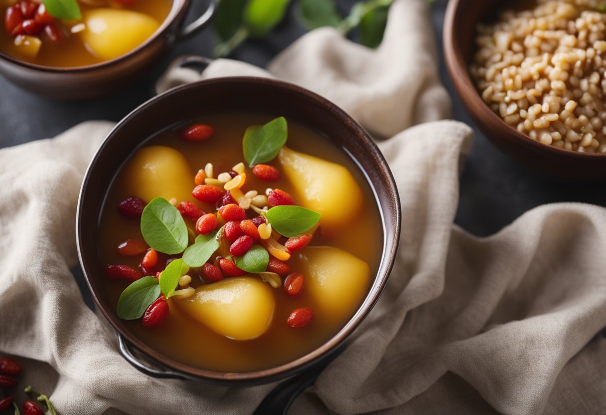 Ripe Chinese pears simmer in a fragrant broth with rock sugar and goji berries, creating a sweet and nourishing soup
