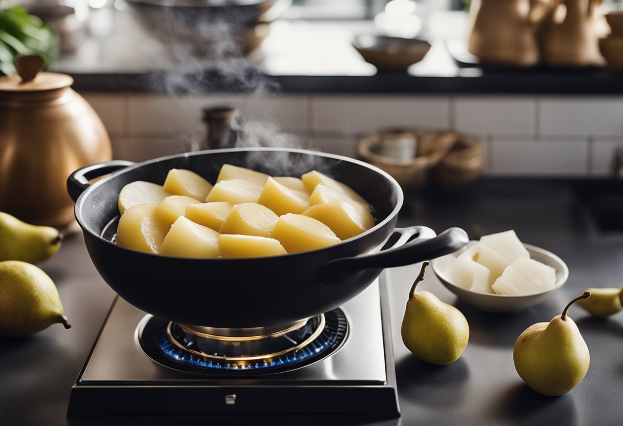 A pot simmers on a stove with sliced chinese pears, ginger, and rock sugar. A steaming bowl sits nearby
