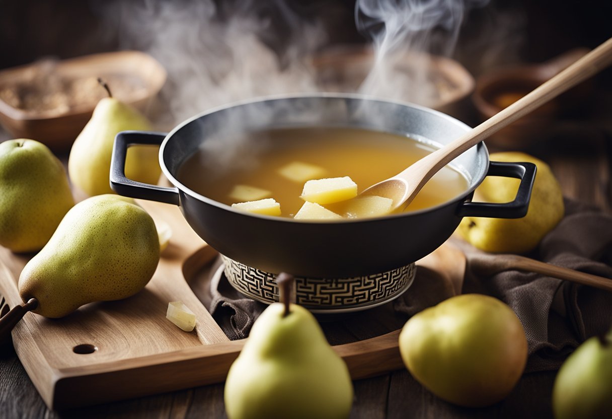 A pot simmering with Chinese pear soup ingredients, steam rising, a ladle stirring. Ingredients include Chinese pears, rock sugar, and water