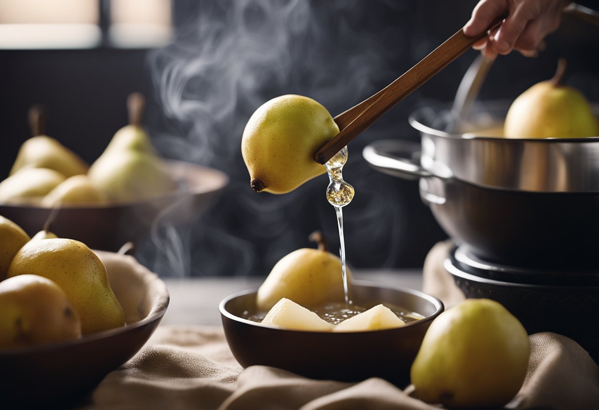 Chinese pears, ginger, and rock sugar simmer in a pot of water, releasing a fragrant steam. A ladle stirs the mixture, creating a soothing and aromatic Chinese pear soup