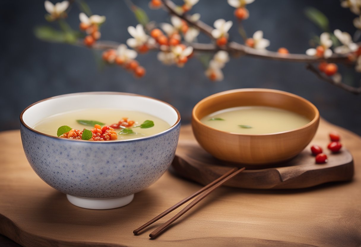 A bowl of steaming Chinese pear soup, garnished with goji berries and a sprinkle of rock sugar, sits on a wooden table. A pair of chopsticks rests beside the bowl