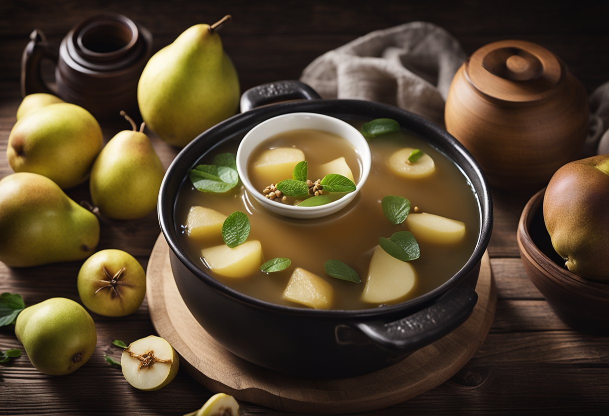 A steaming pot of Chinese pear soup surrounded by fresh, whole pears, ginger, and jujubes on a rustic wooden table