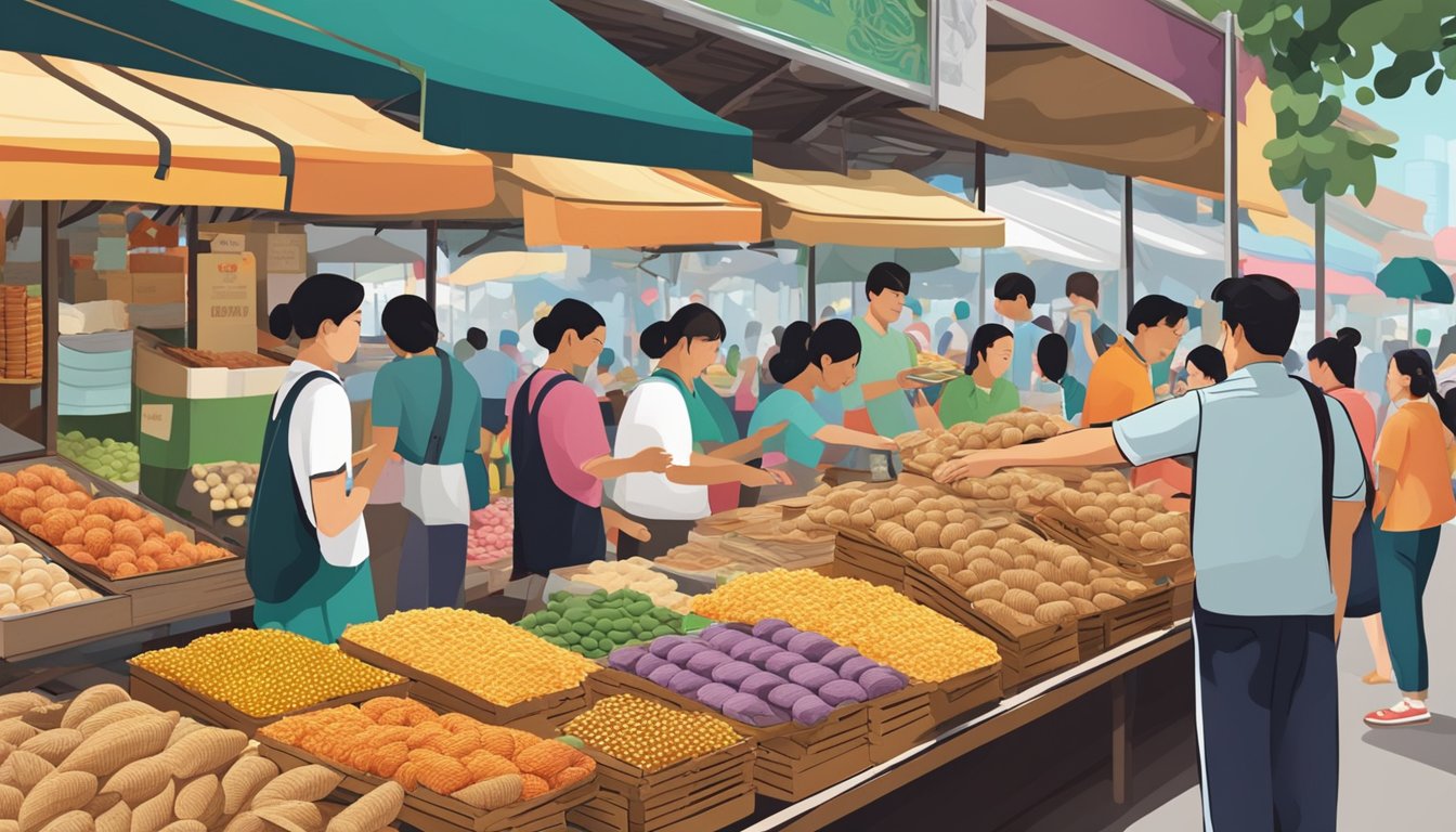 A bustling market stall displays an array of colorful keropok, with vendors eagerly engaging with customers in Singapore
