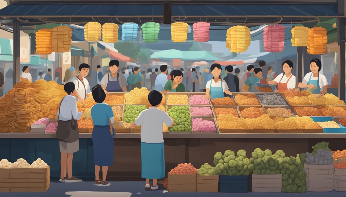 A bustling market stall displays a colorful array of keropok, with vendors eagerly offering samples to passing customers