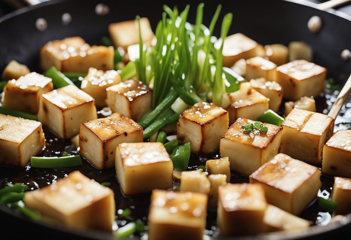 A wok sizzles as tofu cubes are fried with garlic, soy sauce, and green onions for a traditional Chinese tau kwa recipe
