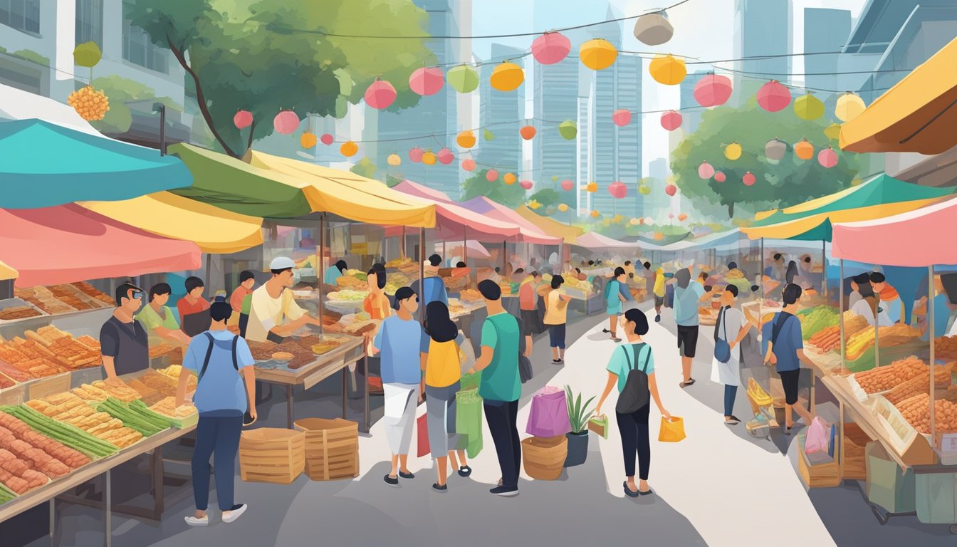 A bustling marketplace with colorful stalls selling various types of keropok in Singapore. Customers eagerly sample and purchase the crispy snacks while vendors engage in lively conversations with potential buyers
