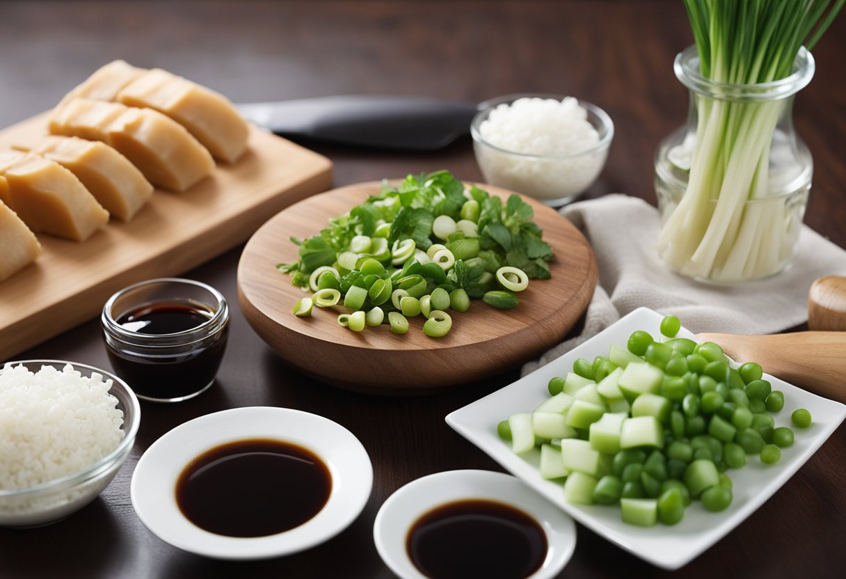 A wooden cutting board with sliced tau kwa, garlic, ginger, and green onions, alongside a bowl of soy sauce, vinegar, and sugar
