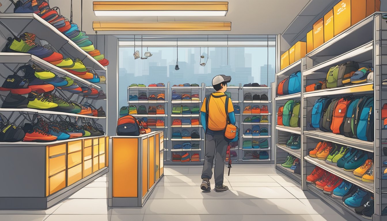 A brightly lit outdoor store displays a variety of climbing gear in Singapore. Shelves are stocked with ropes, harnesses, carabiners, and shoes. A knowledgeable staff member assists a customer in selecting the right equipment