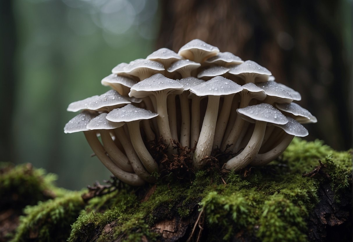 A cluster of grey oyster mushrooms growing on damp wood