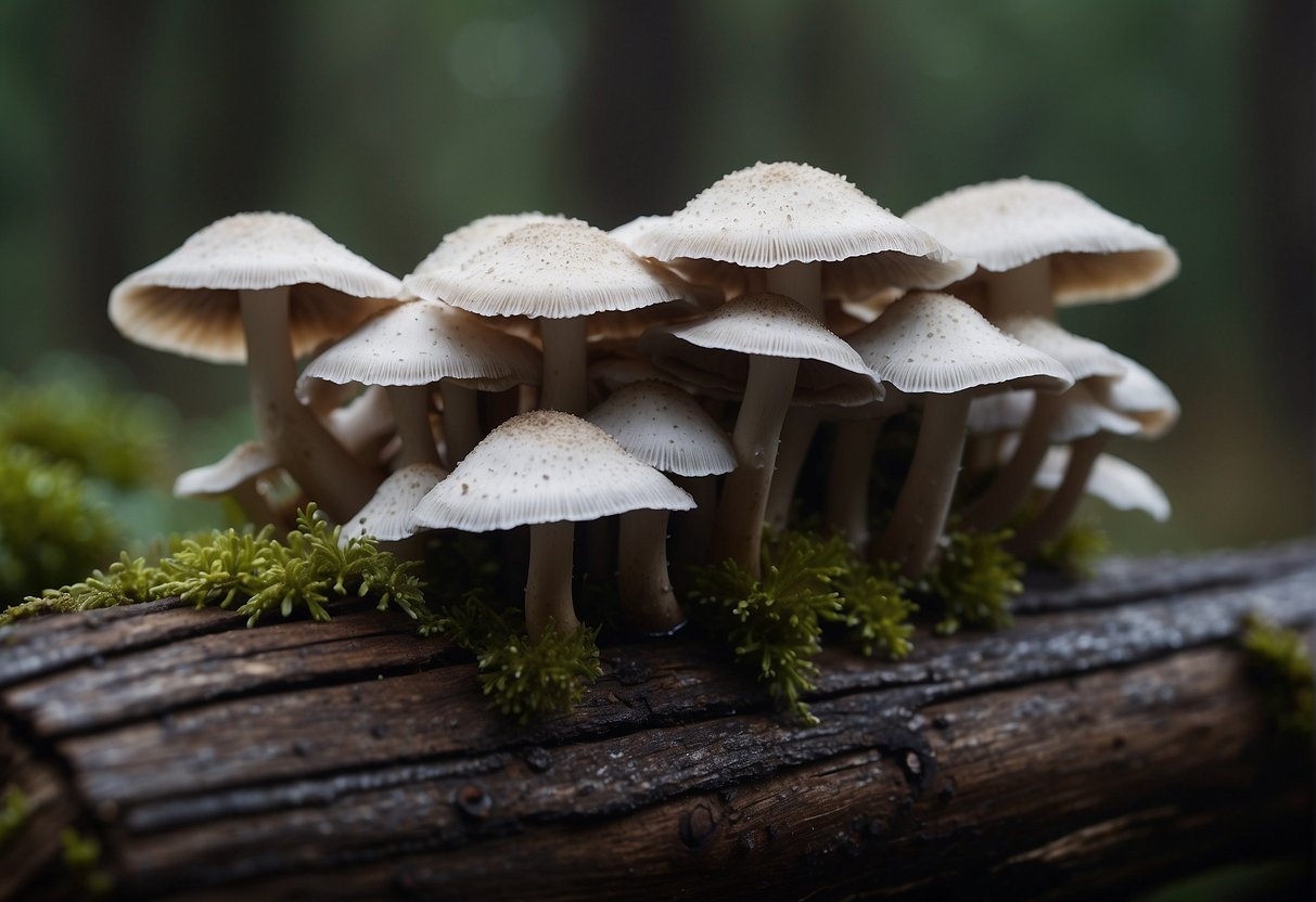 A cluster of grey oyster mushrooms grows on a damp log, with gills visible underneath the cap