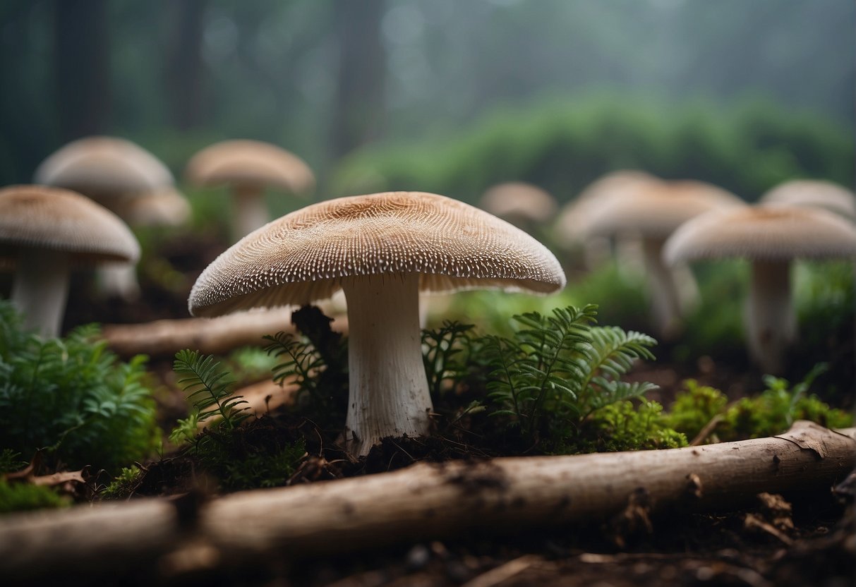 A grey oyster mushroom farm with growing beds and logs, surrounded by lush greenery and misty air