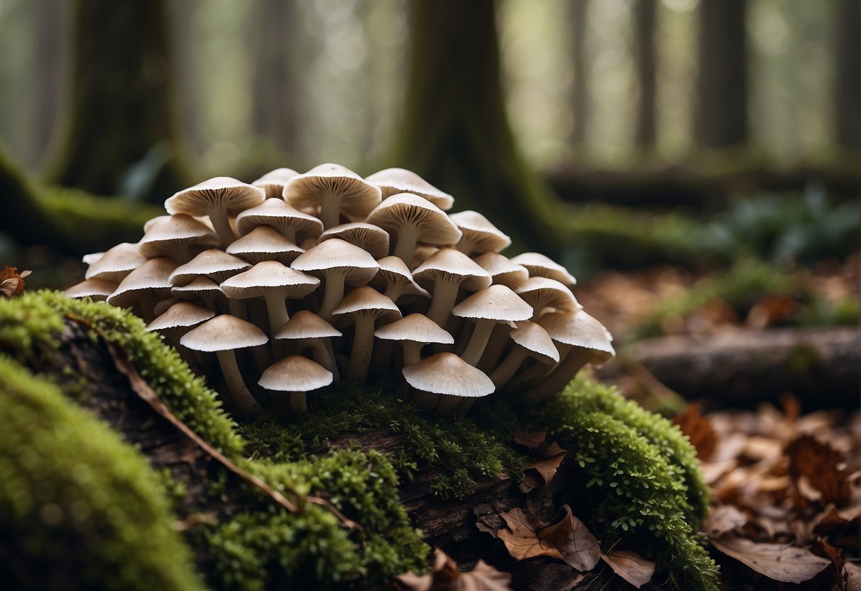 A cluster of grey oyster mushrooms growing on a damp log, surrounded by fallen leaves and moss