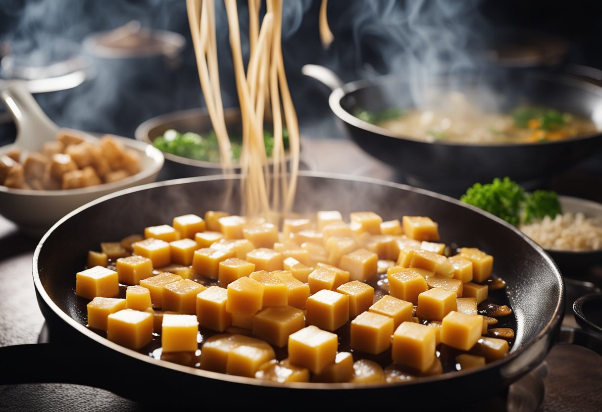 Sizzling tau kwa cubes in a hot wok with ginger, garlic, and soy sauce. Steam rising, creating a savory aroma