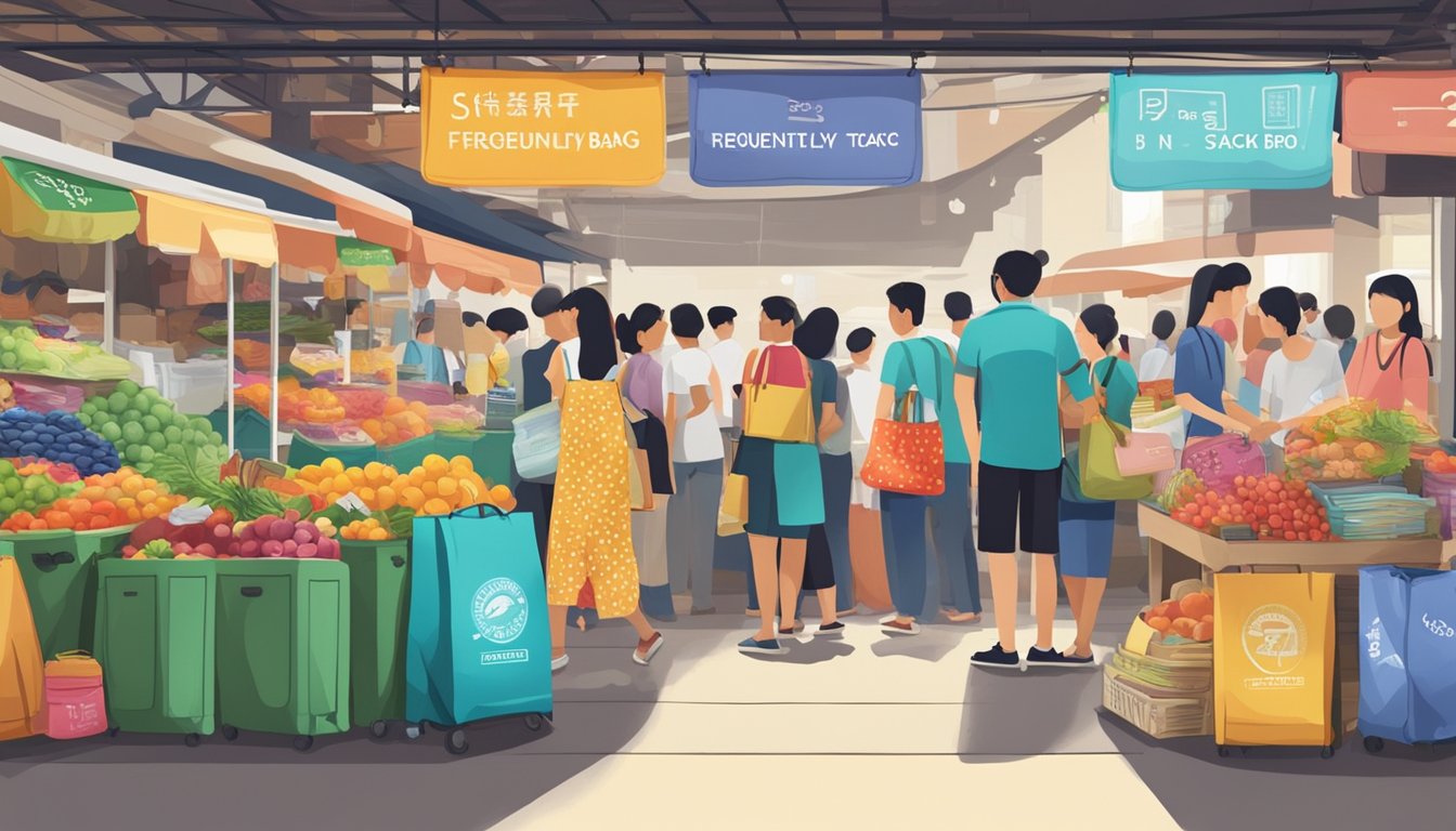 A bustling market stall in Singapore, with a variety of colorful cooler bags on display and a sign reading "Frequently Asked Questions: where to buy cooler bag in Singapore."