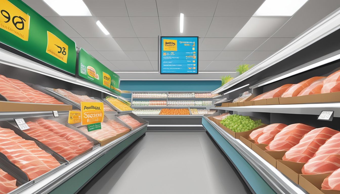 A display of Parma ham packages in a Singaporean grocery store, with a prominent "Frequently Asked Questions" sign